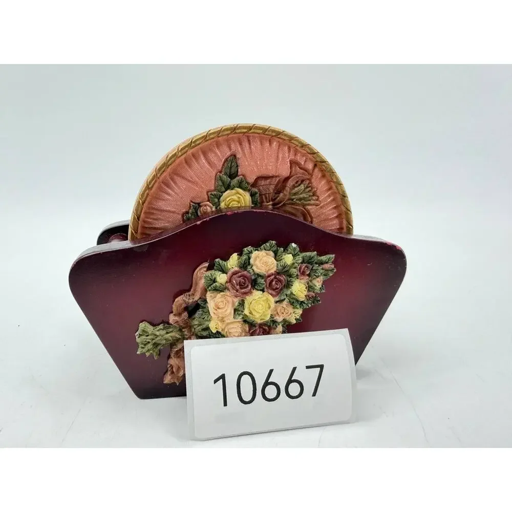 Chinese Stone Floral Rose Drink Coasters with Wooden Holder Burgundy Pink